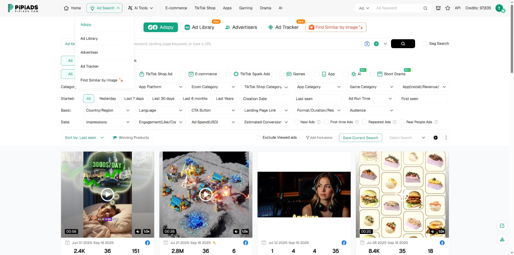 PiPiADS platform showing the Ad Search dashboard with multiple filter options.
