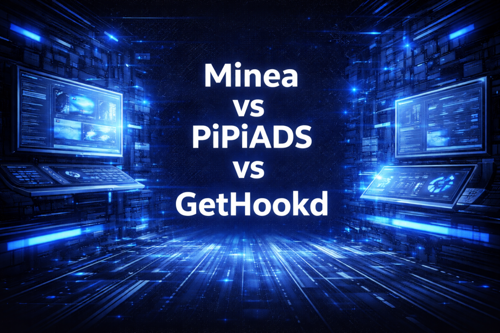 Minea vs PiPiADS vs GetHookd comparison graphic with analytics dashboards and data screens in a futuristic digital workspace.
