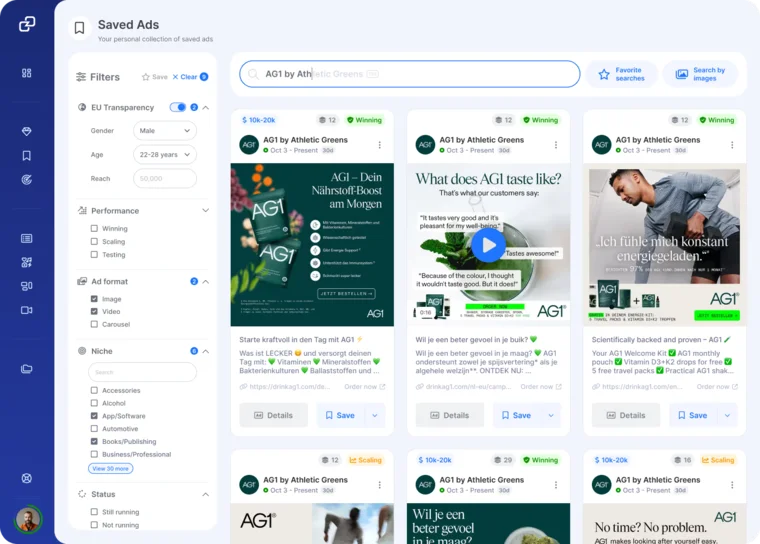 GetHookd Saved Ads dashboard showing AG1 Athletic Greens Meta ads filtered by format, niche, and performance tags like 'Winning’.