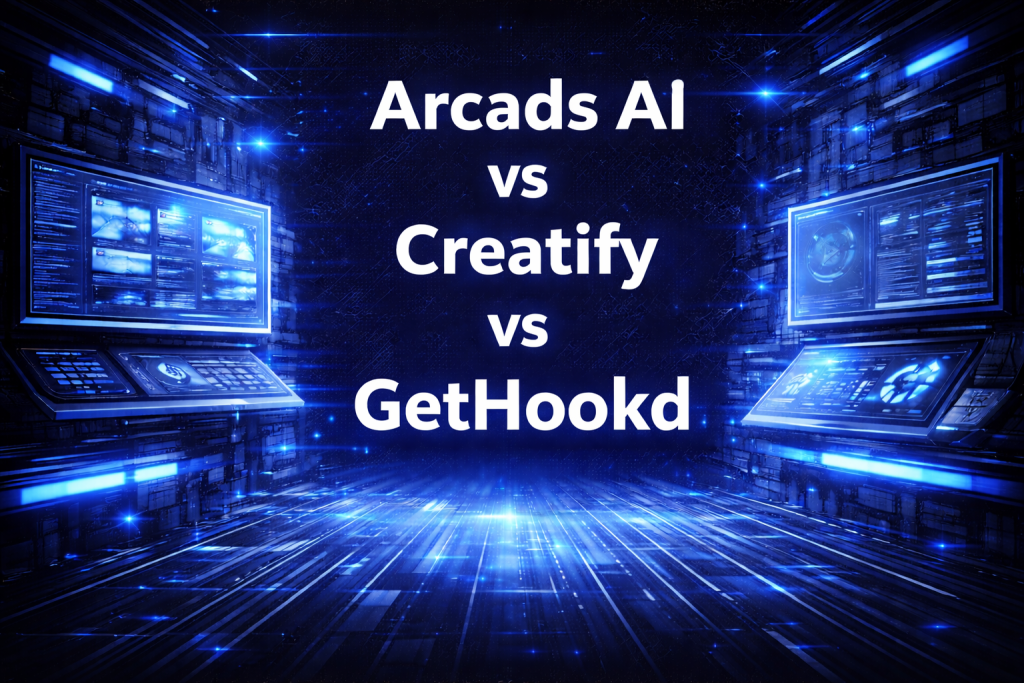 Arcads AI vs Creatify vs GetHookd comparison graphic with analytics dashboards and data screens in a futuristic digital workspace.