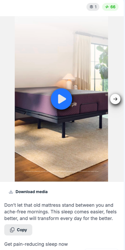 Purple Mattress Facebook video ad and copy addressing morning aches from an old mattress, with a Shop Now call to action linking to purple.com/mattresses.