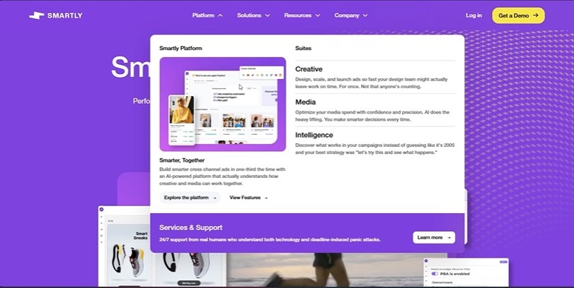 Smartly.io platform homepage showcasing Creative, Media, and Intelligence suites.