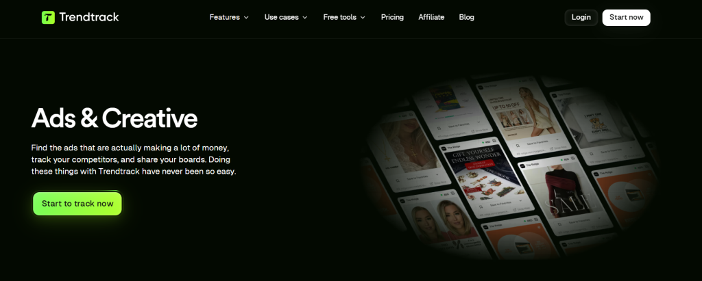 Trendtrack website homepage showing the Ads and Creative section and a grid of Shopify store ad examples.
