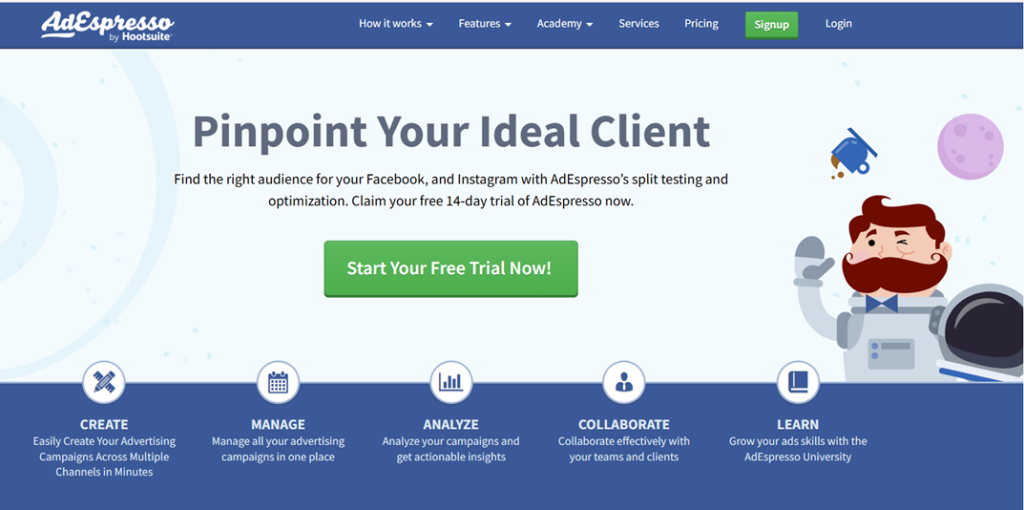 AdEspresso by Hootsuite website homepage highlights its features for creating and managing campaigns.