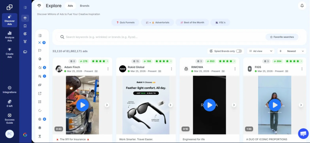 GetHookd Explore dashboard showing a searchable ad library with over 65 million ads.