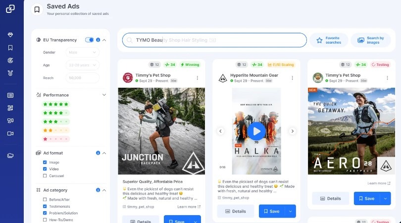 GetHookd saved Ads dashboard showing competitor ad creatives with EU transparency filters and performance metrics.