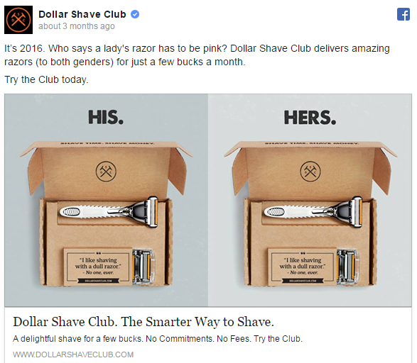 Dollar Shave Club Facebook ad showing identical "HIS." and "HERS." razor subscription boxes side by side, challenging the pink tax with the tagline "The Smarter Way to Shave."