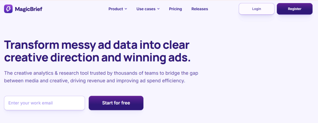 MagicBrief website homepage highlighting how it turns ad data into clear creative direction.