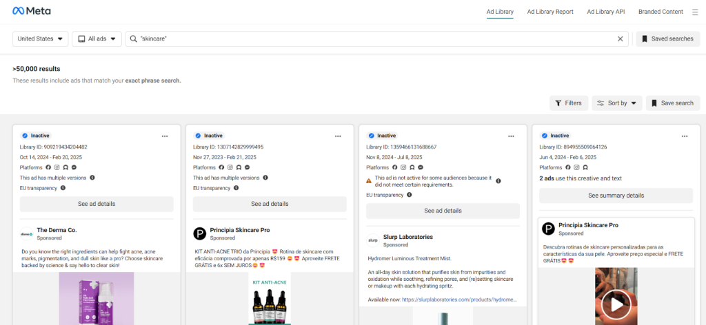 Meta Ad Library showing skincare keyword search results.