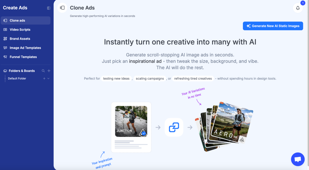 GetHookd Clone Ads dashboard showing one inspiration ad being transformed into multiple AI-generated static images.