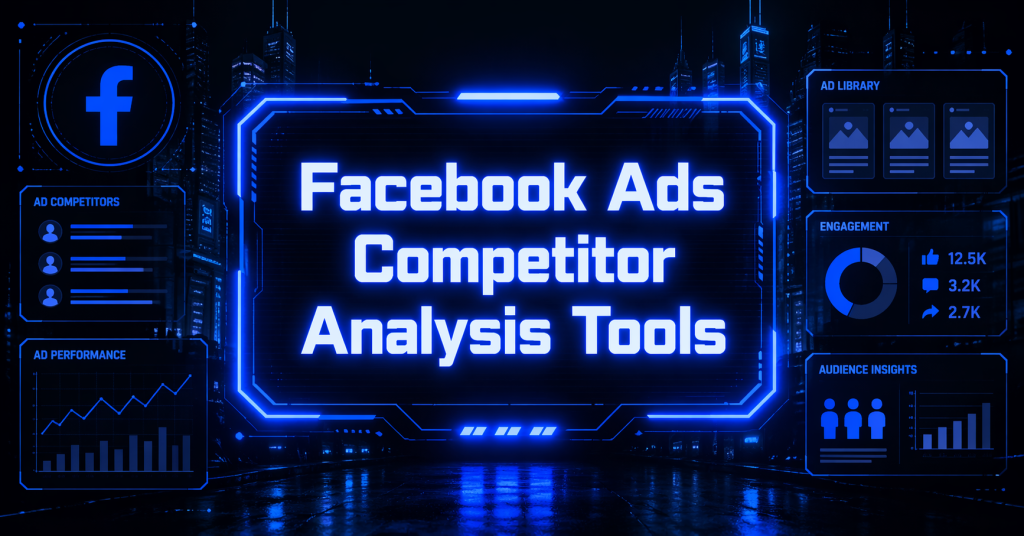 Cyberpunk dashboard showing Facebook ads competitor analysis tools with glowing blue UI elements.