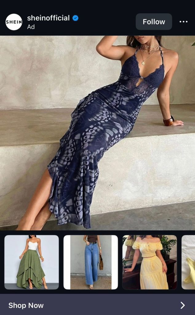 Instagram Collection Ad from SHEIN with a product grid below featuring a green skirt, jeans, a yellow co-ord set, and sandals under a Shop Now CTA