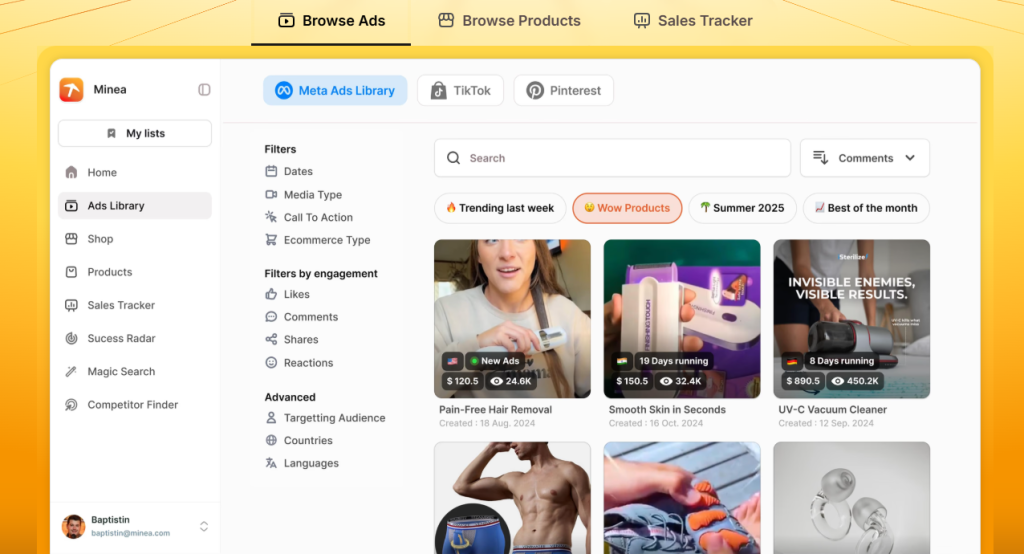 Minea platform showing the Ads Library dashboard with Meta Ads Library selected.
