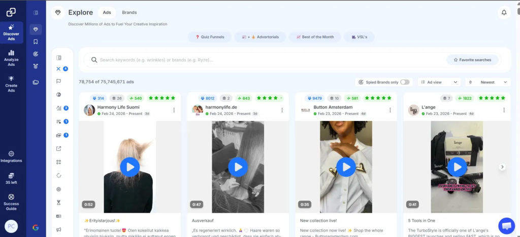 GetHookd Explore dashboard showing a searchable ad library with results from multiple brands.