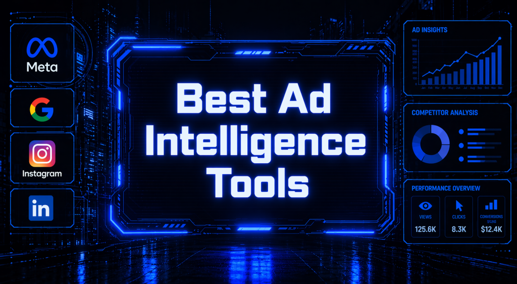 Cyberpunk dashboard showing ad intelligence tools with Meta, Facebook, Instagram, and Google logos in blue neon UI.