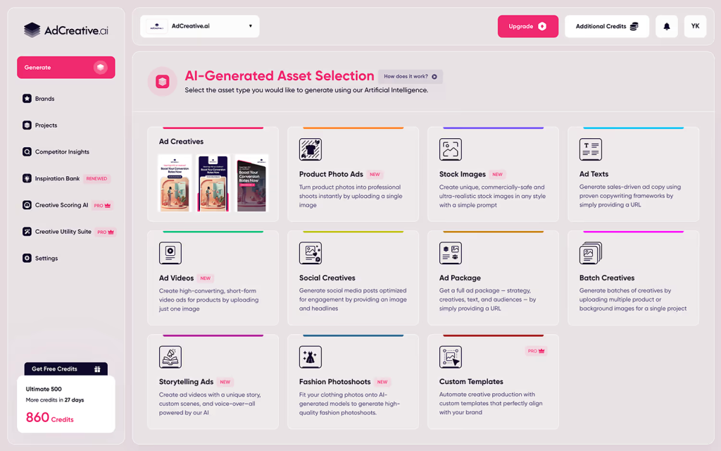 AdCreative.ai platform showing the AI-Generated asset selection dashboard.