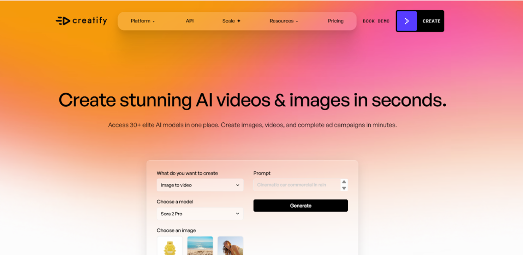 Creatify website homepage showing an image to video creation interface.