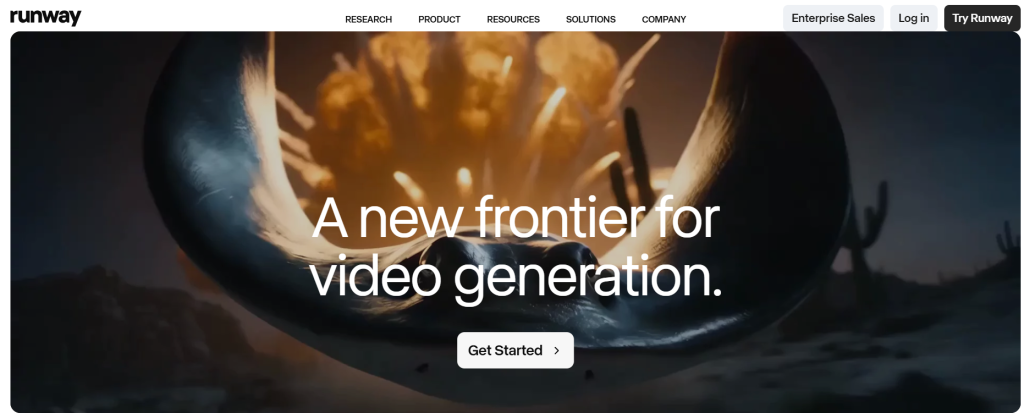 Runway website homepage showing a cinematic AI-generated desert scene.
