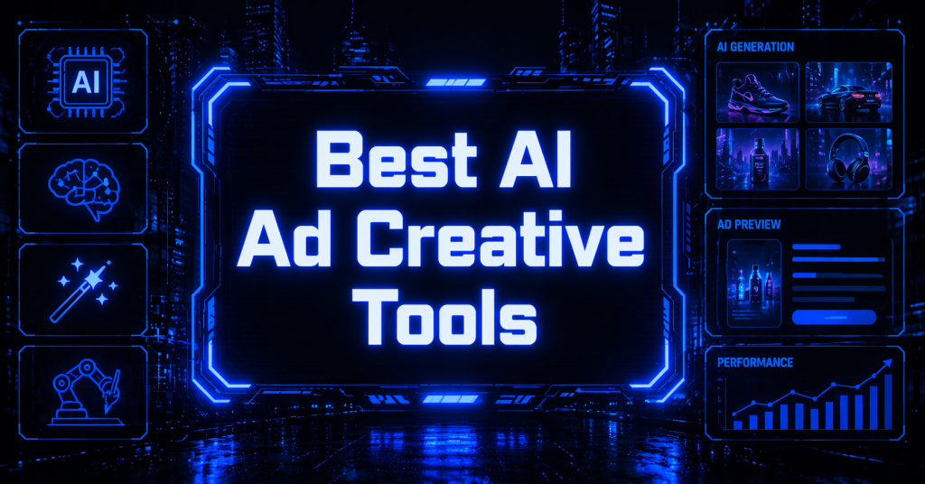 Cyberpunk interface showing AI ad creative tools with glowing blue panels and futuristic dashboard visuals.