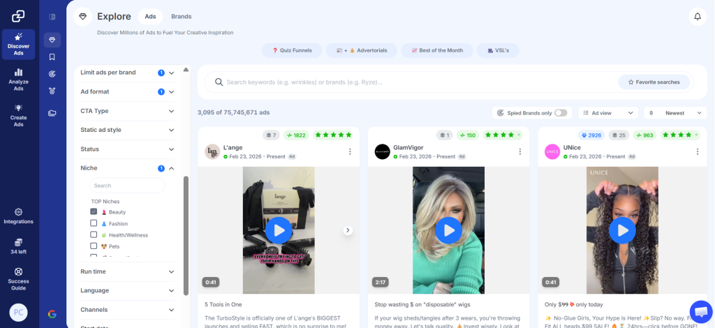 GetHookd's Explore Ads interface showing niche filtering options with ads displayed across beauty brands.