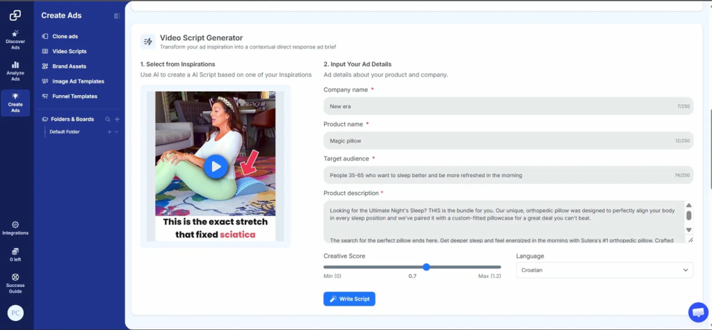 GetHookd Video Script Generator dashboard showing a competitor ad selected as inspiration alongside product details fields.