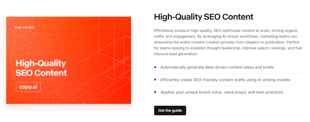 Copy.ai website showing a High-Quality SEO Content use case page.