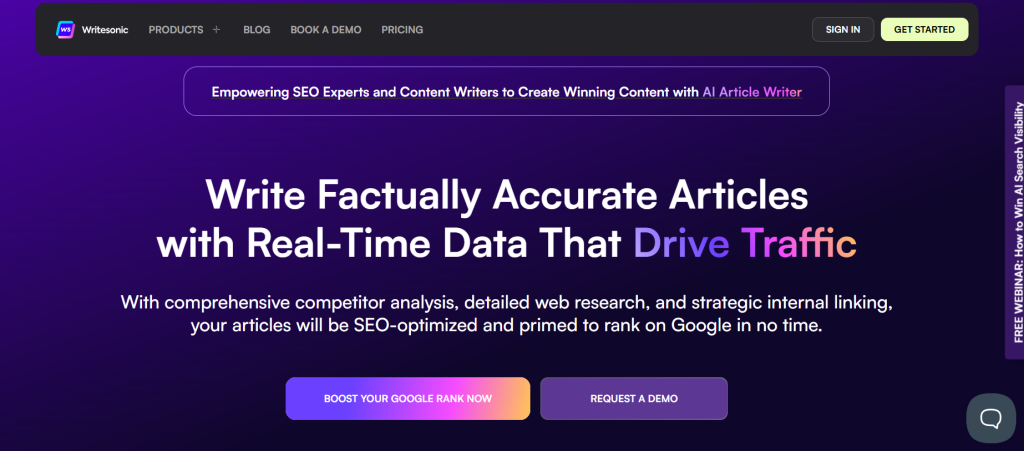 Writesonic website homepage featuring AI Article Writer headline and calls to action for boosting Google rankings.
