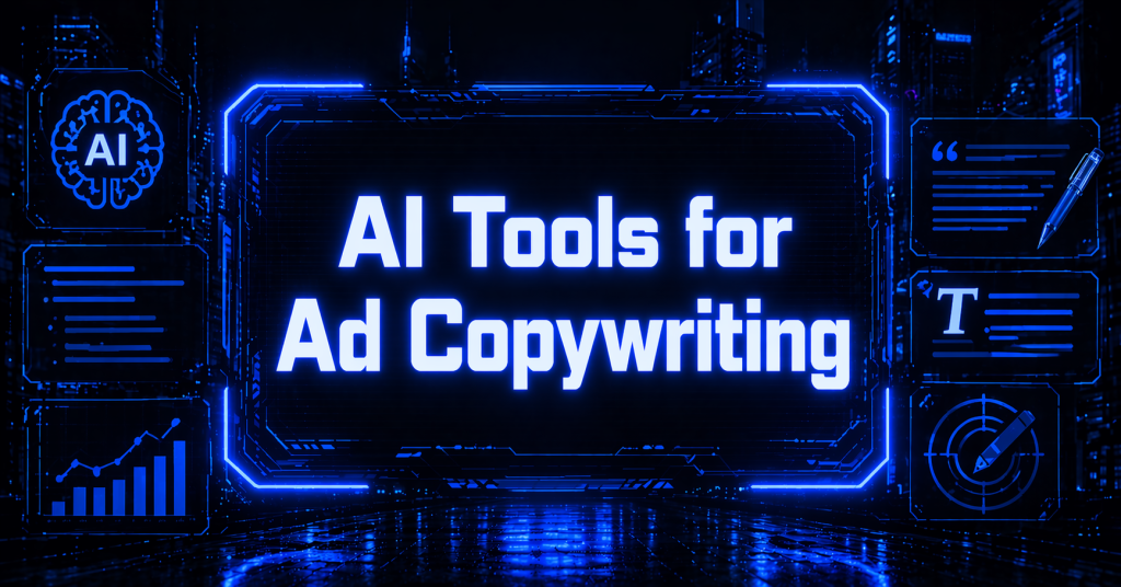 Cyberpunk interface showing AI ad copywriting tools with glowing blue dashboard and futuristic UI panels.
