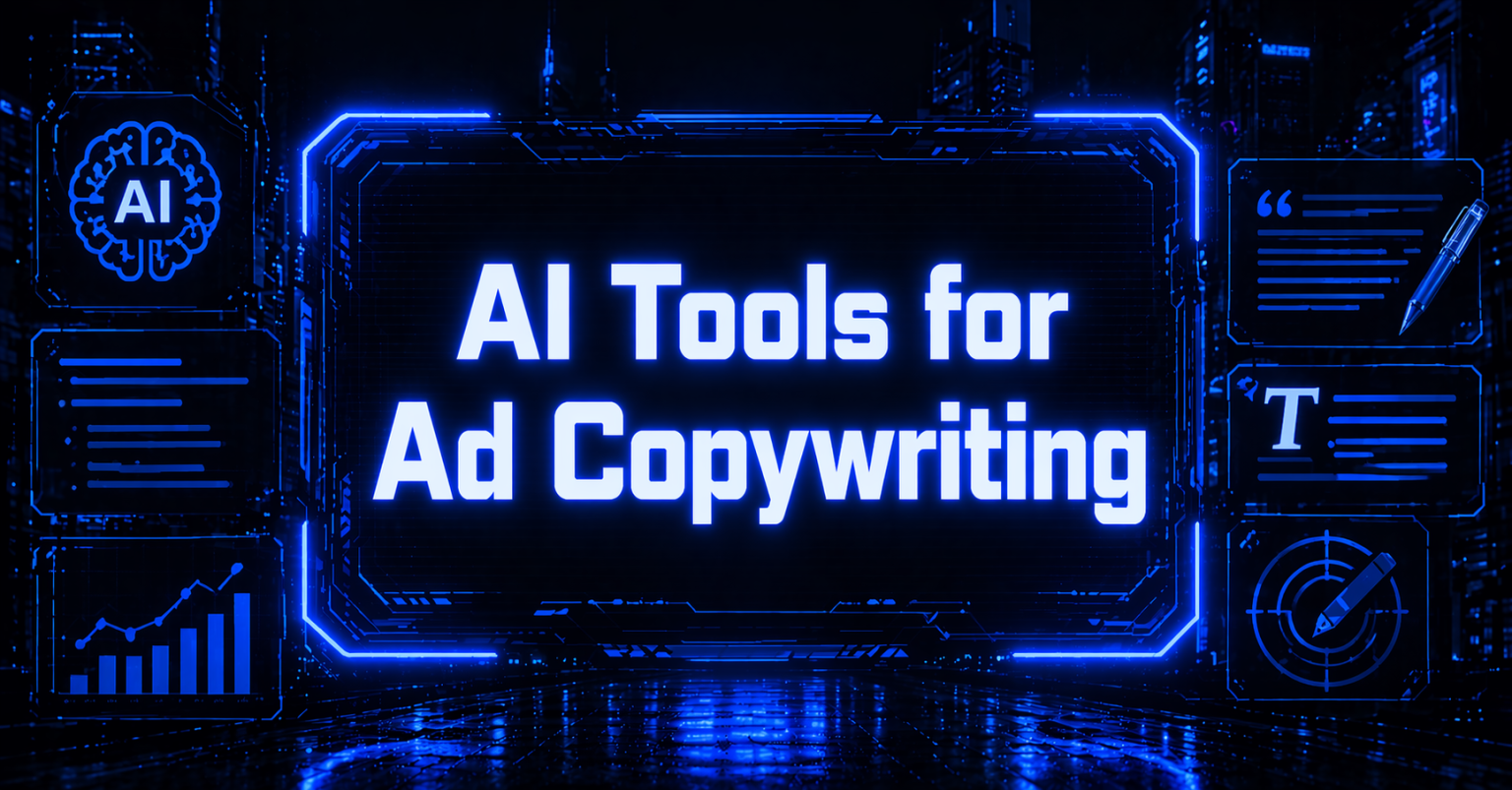 Cyberpunk interface showing AI ad copywriting tools with glowing blue dashboard and futuristic UI panels.