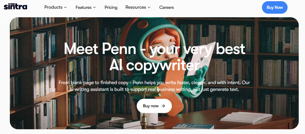 Sintra AI website homepage showing Penn the AI copywriter character in a library setting.