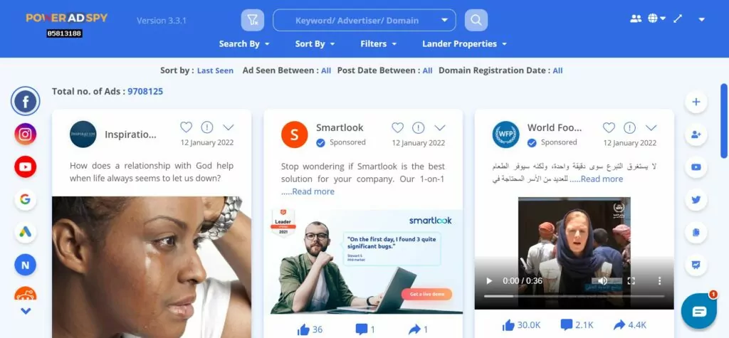 PowerAdSpy dashboard displaying 9,708,125 Facebook ads with search filters and three sample sponsored posts from January 2022, including engagement metrics.