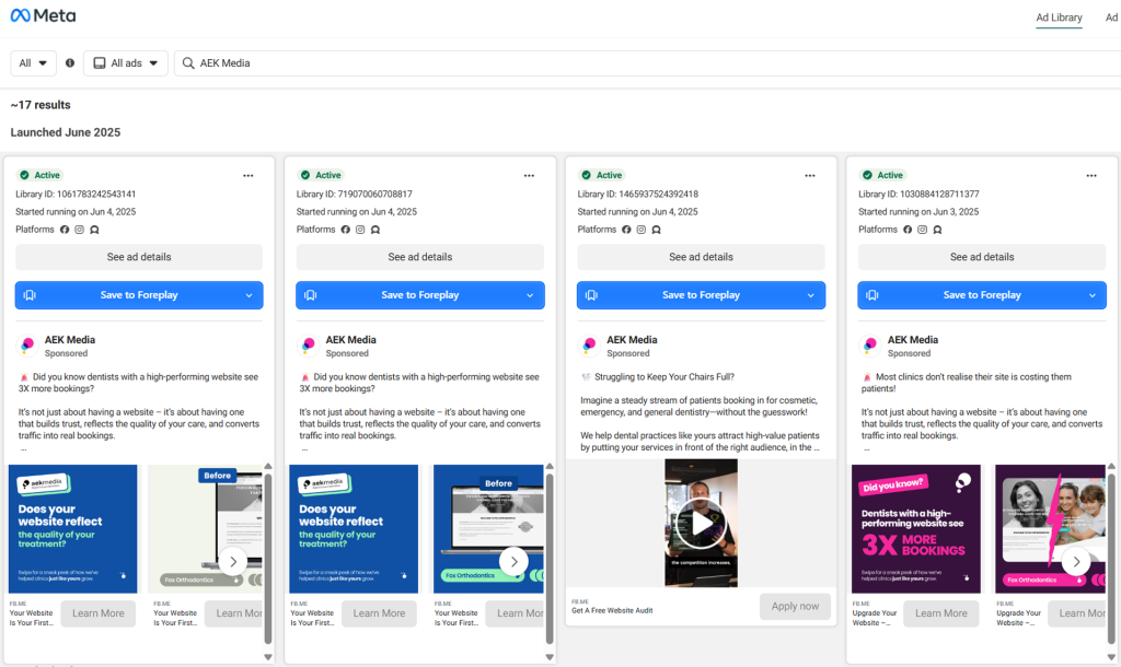Meta Ad Library search results for "AEK Media" showing four active Facebook and Instagram ads.
