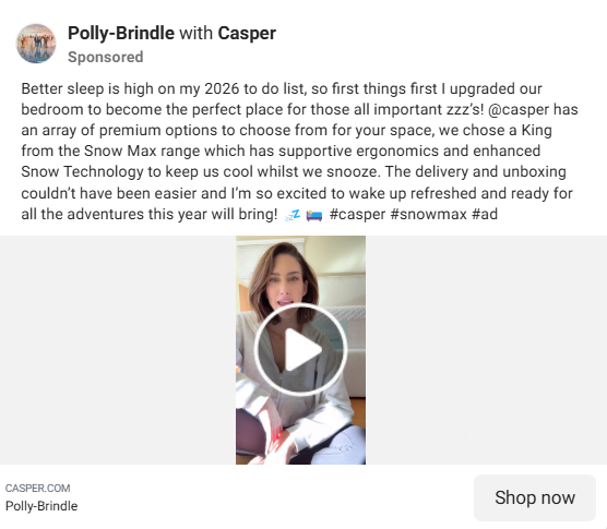Casper Facebook partnership ad running through creator Polly-Brindle's personal account.