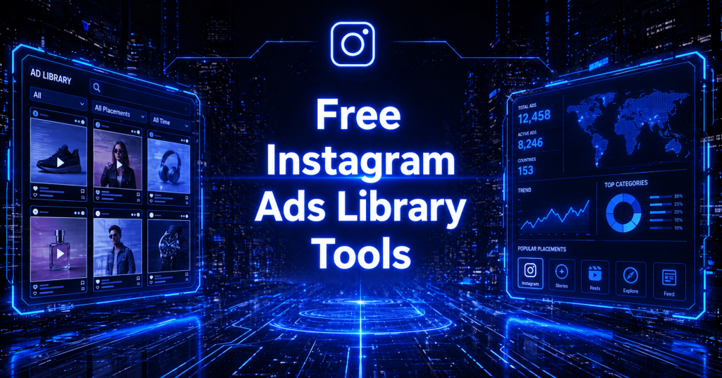 Instagram Ads Library" title card with Instagram, Facebook, and TikTok icons set against a neon blue digital cityscape.
