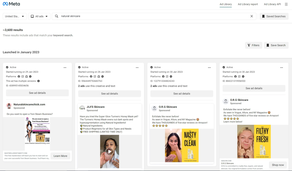 Meta Ad Library search for "natural skincare" returning ~3,600 competitor ads, demonstrating the tool's competitor monitoring interface.
