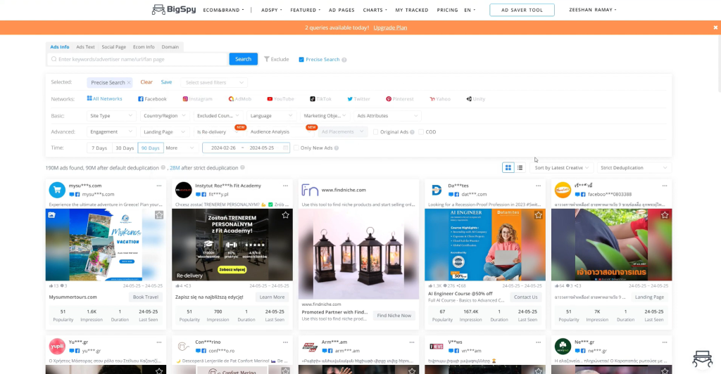 BigSpy ad intelligence dashboard displaying multi-network search filters and a grid of competitor ads from Facebook, Instagram, and YouTube, with engagement metrics and date ranges visible.