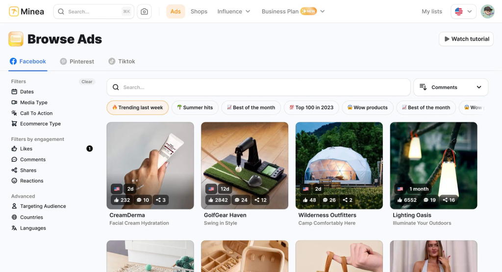 Minea's Browse Ads dashboard showing Facebook ad results filtered by engagement, with trending product cards for skincare, golf gear, and outdoor camping.
