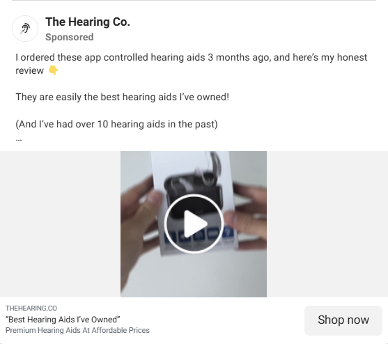 Hearing Co. Facebook video ad showing hands unboxing hearing aids.