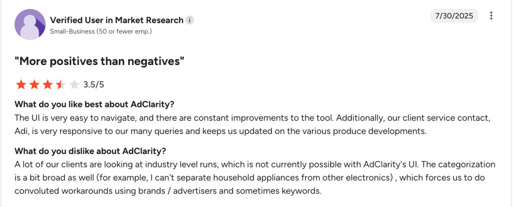 A 3.5-star review on AdClarity.