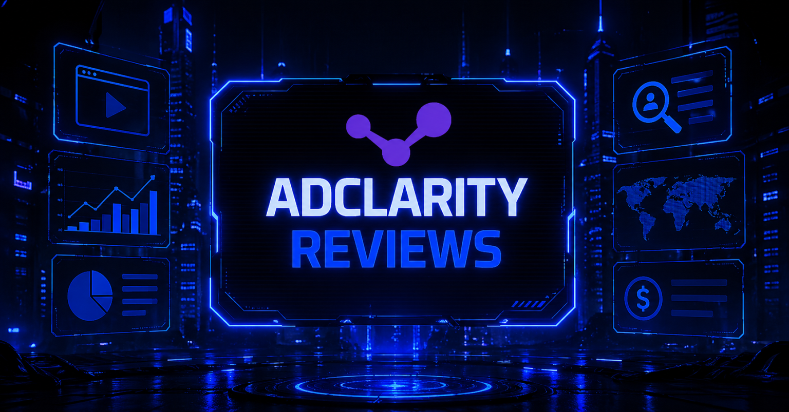 "AdClarity Reviews" hero banner featuring the AdClarity logo on a monitor, surrounded by ad intelligence icons..
