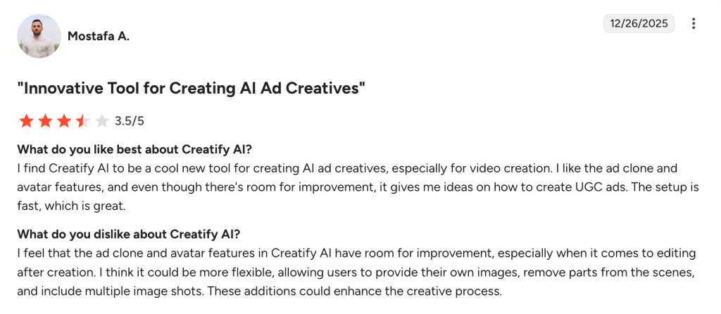 A 3.5-star review on Creatify AI.