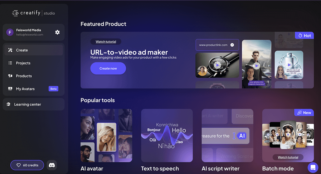 Creatify Studio dashboard highlighting the URL-to-video ad maker alongside popular AI tools: avatar creation, text-to-speech, script writer, and batch mode.