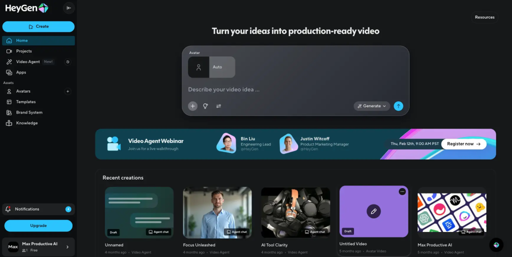 HeyGen dashboard with AI video prompt input, avatar selector, sidebar navigation, and recent video project thumbnails.