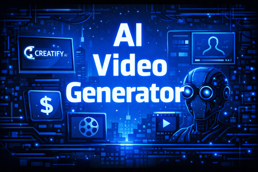 Creatify AI Video Generator promo graphic featuring a glowing robot, a film reel, a dollar sign, and video screen icons on a dark blue tech cityscape.