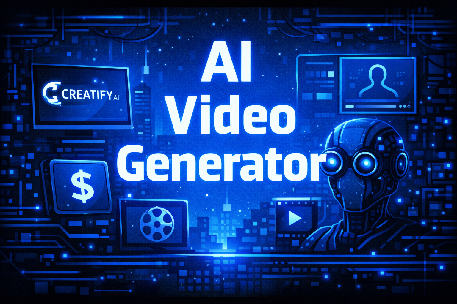 Creatify AI Video Generator promo graphic featuring a glowing robot, a film reel, a dollar sign, and video screen icons on a dark blue tech cityscape.