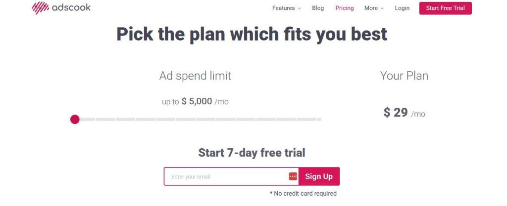 Adscook pricing page showing a $29/month plan for up to $5,000 ad spend.