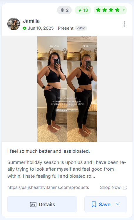 A before-and-after UGC Facebook ad featuring a creator's mirror selfie transformation.