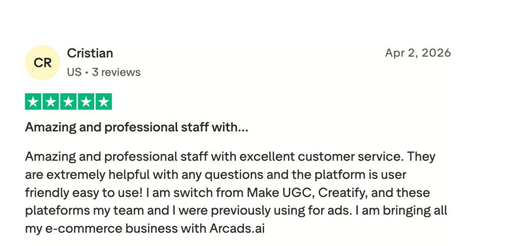 a 5-star review on Arcads AI.