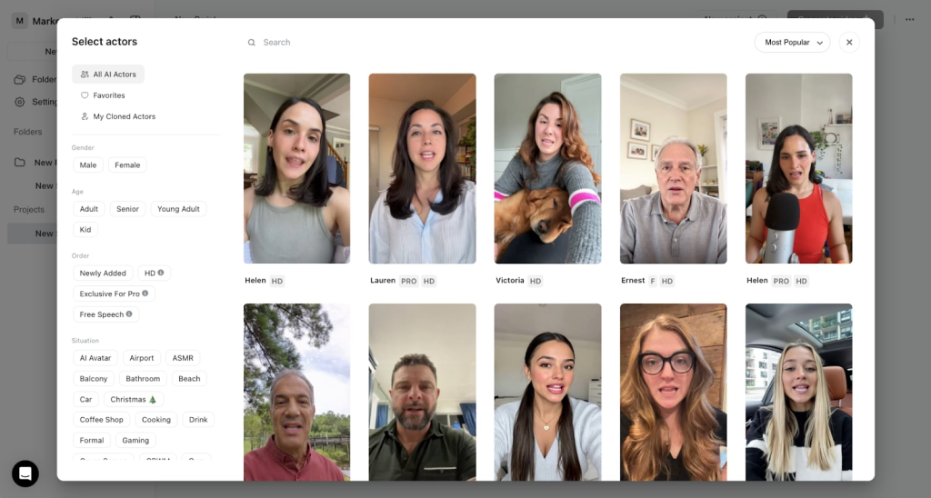 "Select actors" modal in Arcads AI showing a filterable grid of diverse AI avatar options, labeled with names and HD or PRO badges.