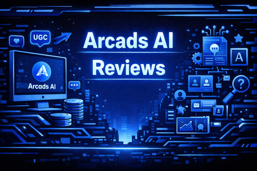 Arcads AI Reviews; branded hero banner showing the Arcads AI logo on a monitor with UGC and digital content icons against a neon-blue tech cityscape